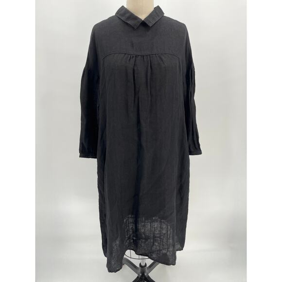 fog linen work. Dresses & Skirts - Fog Linen Work Japanese Dress Sz M Black 3/4 Sleeve Collar Lagenlook Natural